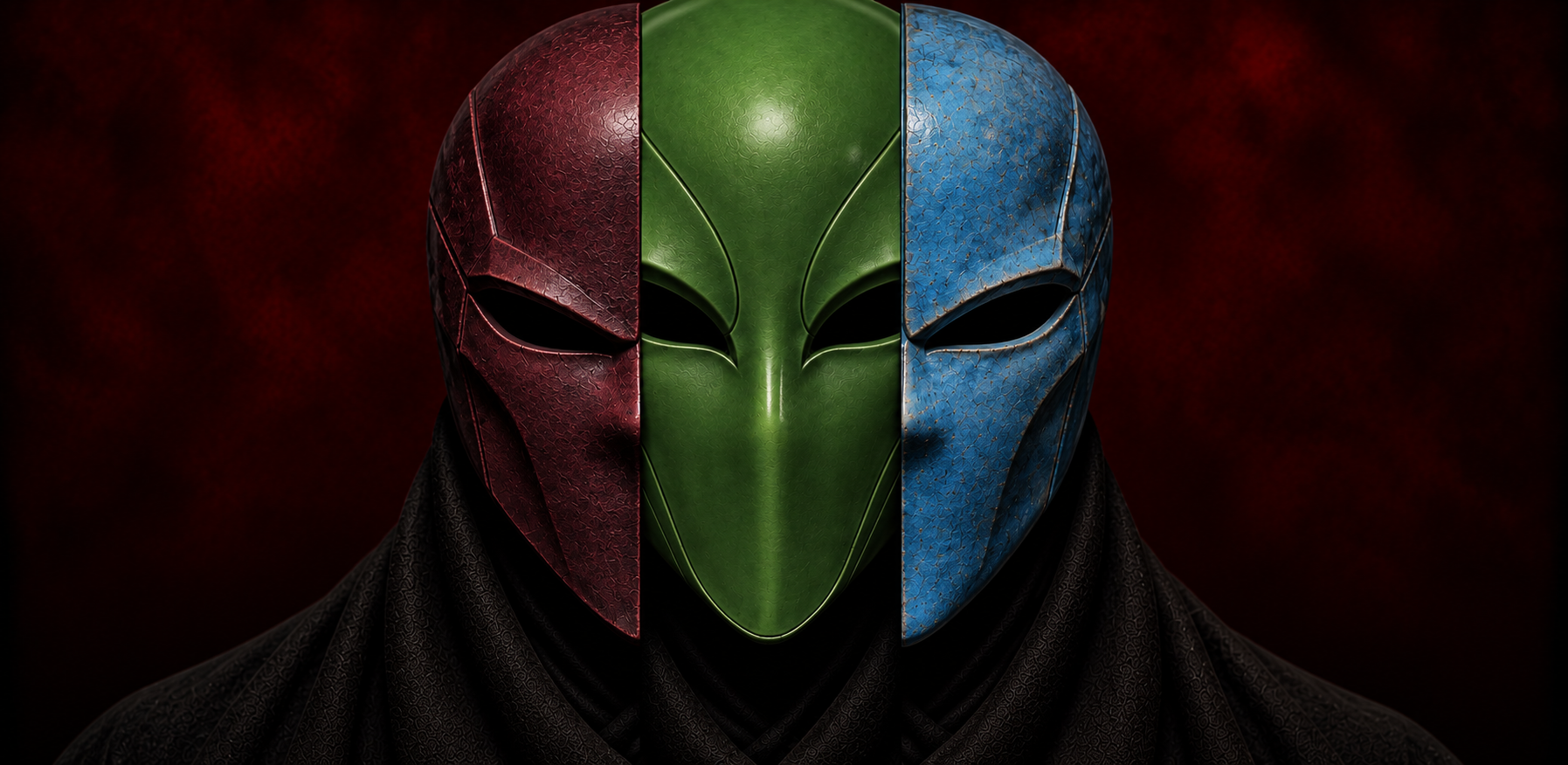 Les trois masques d’Eidan — rouge, vert et bleu — réunis sur un fond noir et rouge sombre